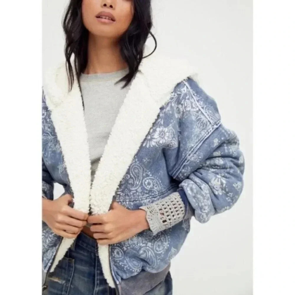 Free People Billie Reversible Sherpa Jacket Blue Paisley